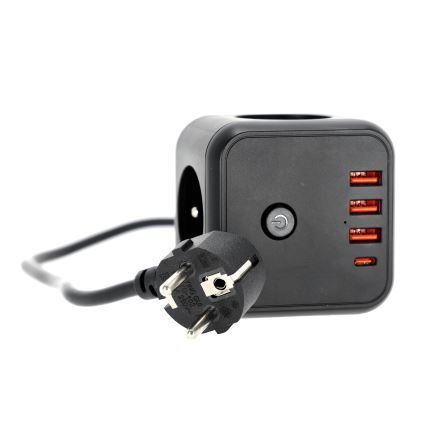 Podaljšek kocka s stikalom LINEA 3x230V + 4xUSB A/C črna