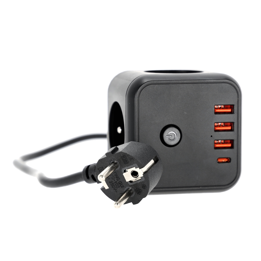 Podaljšek kocka s stikalom LINEA 3x230V + 4xUSB A/C črna