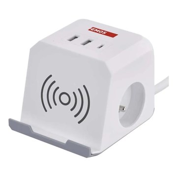 Podaljšek kocka z brezžičnim polnilnikom QI 2Z +2xUSB-A+1xUSB-C 2m bela