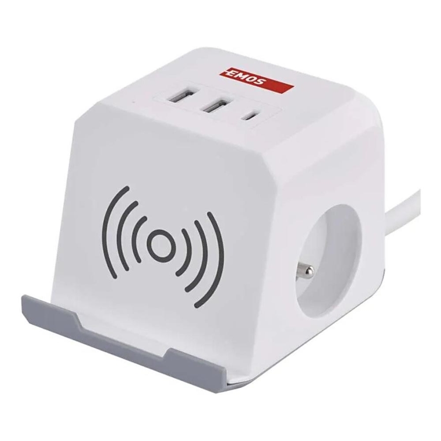 Podaljšek kocka z brezžičnim polnilnikom QI 2Z +2xUSB-A+1xUSB-C 2m bela