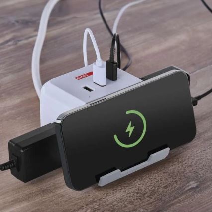 Podaljšek kocka z brezžičnim polnilnikom QI 2Z +2xUSB-A+1xUSB-C 2m bela