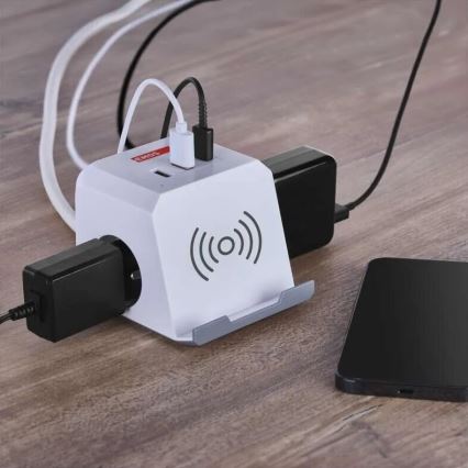 Podaljšek kocka z brezžičnim polnilnikom QI 2Z +2xUSB-A+1xUSB-C 2m bela