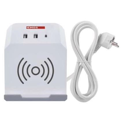Podaljšek kocka z brezžičnim polnilnikom QI 2Z +2xUSB-A+1xUSB-C 2m bela