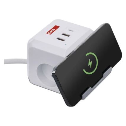 Podaljšek kocka z brezžičnim polnilnikom QI 2Z +2xUSB-A+1xUSB-C 2m bela