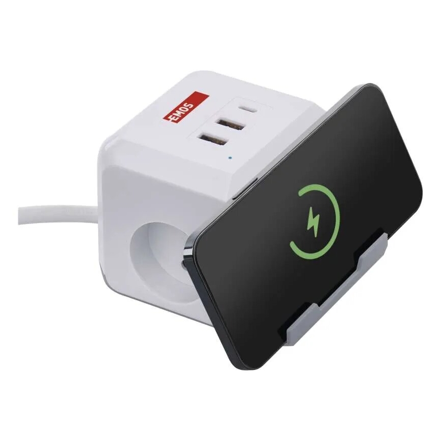 Podaljšek kocka z brezžičnim polnilnikom QI 2Z +2xUSB-A+1xUSB-C 2m bela