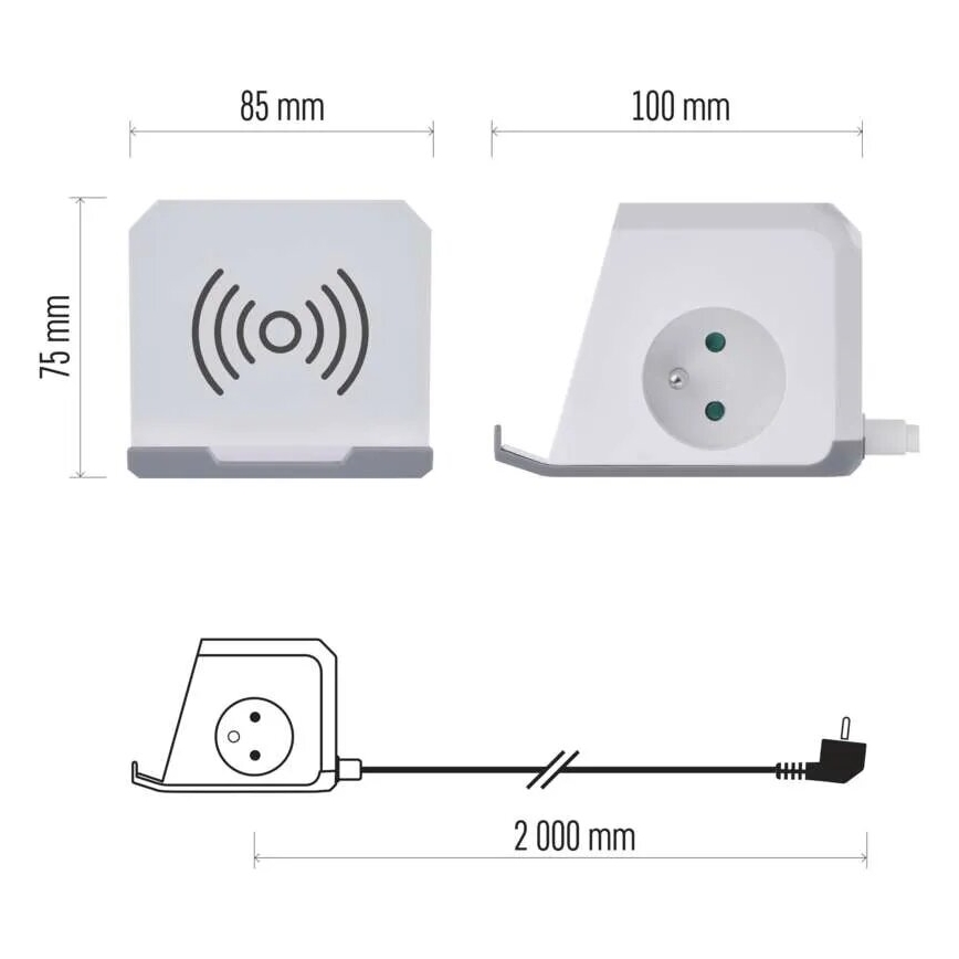 Podaljšek kocka z brezžičnim polnilnikom QI 2Z +2xUSB-A+1xUSB-C 2m bela