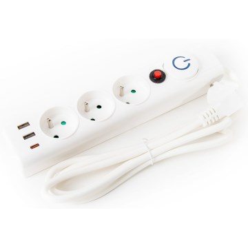 Podaljšek s stikalom 3Z Tip E + 2xUSB-A + 1xUSB-C 1,5m