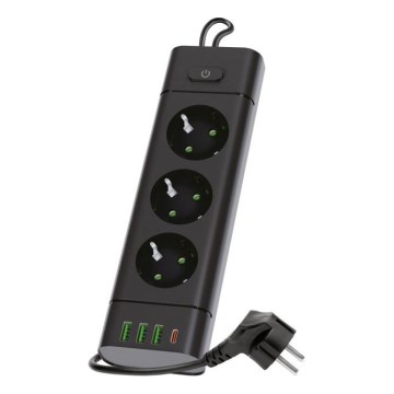 Podaljšek s stikalom LINEA PRO 3x230V+3xUSB-A + 1xUSB-C SCHUKO 1,5 m črn