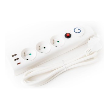 Podaljšek z vklopnim stikalom 3V Tip E + 2xUSB-A + 1xUSB-C 1,5 m