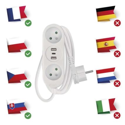 Podaljševalni kabel 2Z + 2x USB-A + USB-C 1,4 m