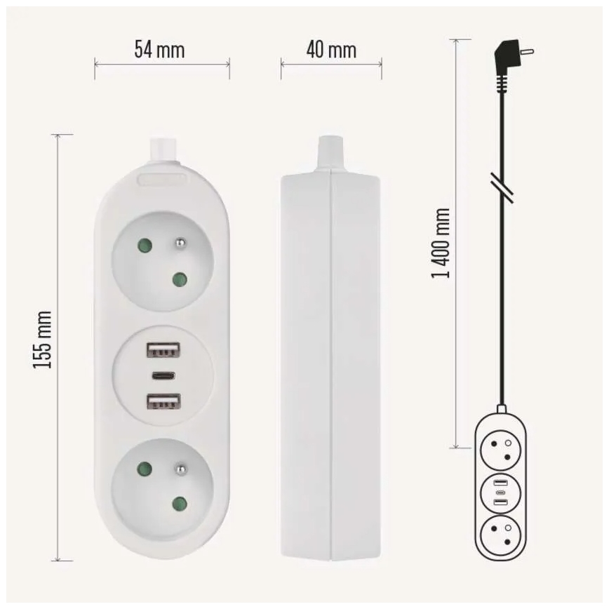 Podaljševalni kabel 2Z + 2x USB-A + USB-C 1,4 m