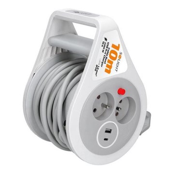 Podaljševalni kabel na kolutu, 2 vtičnika + USB-A in USB-C, 10 m