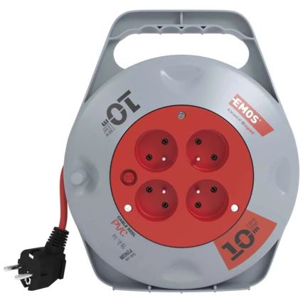 Podaljšni kabel na kolutu s 4 vtičnicami, 10 m, siv/rdeč