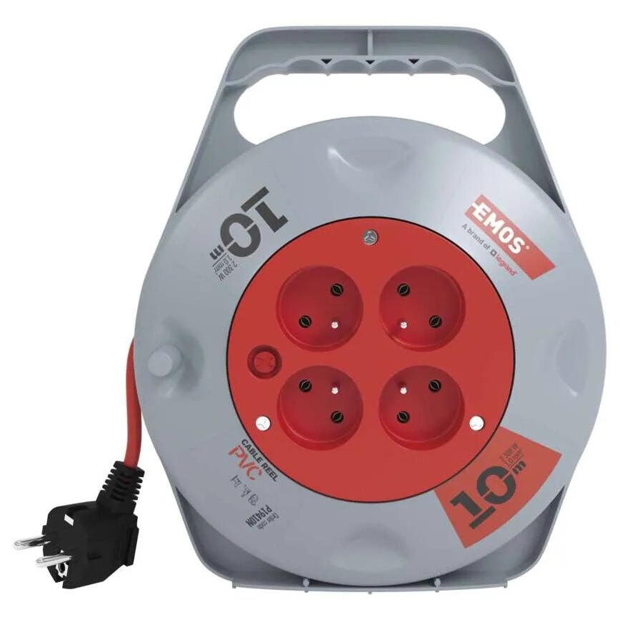 Podaljšni kabel na kolutu s 4 vtičnicami, 10 m, siv/rdeč