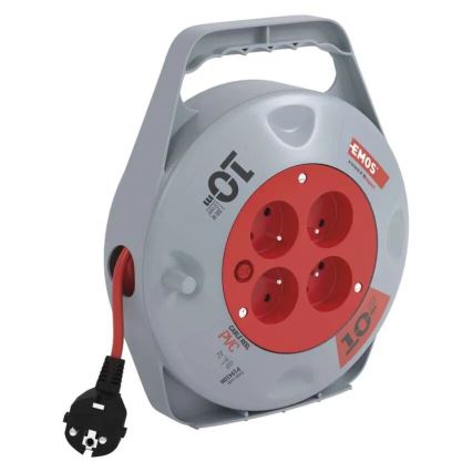 Podaljšni kabel na kolutu s 4 vtičnicami, 10 m, siv/rdeč