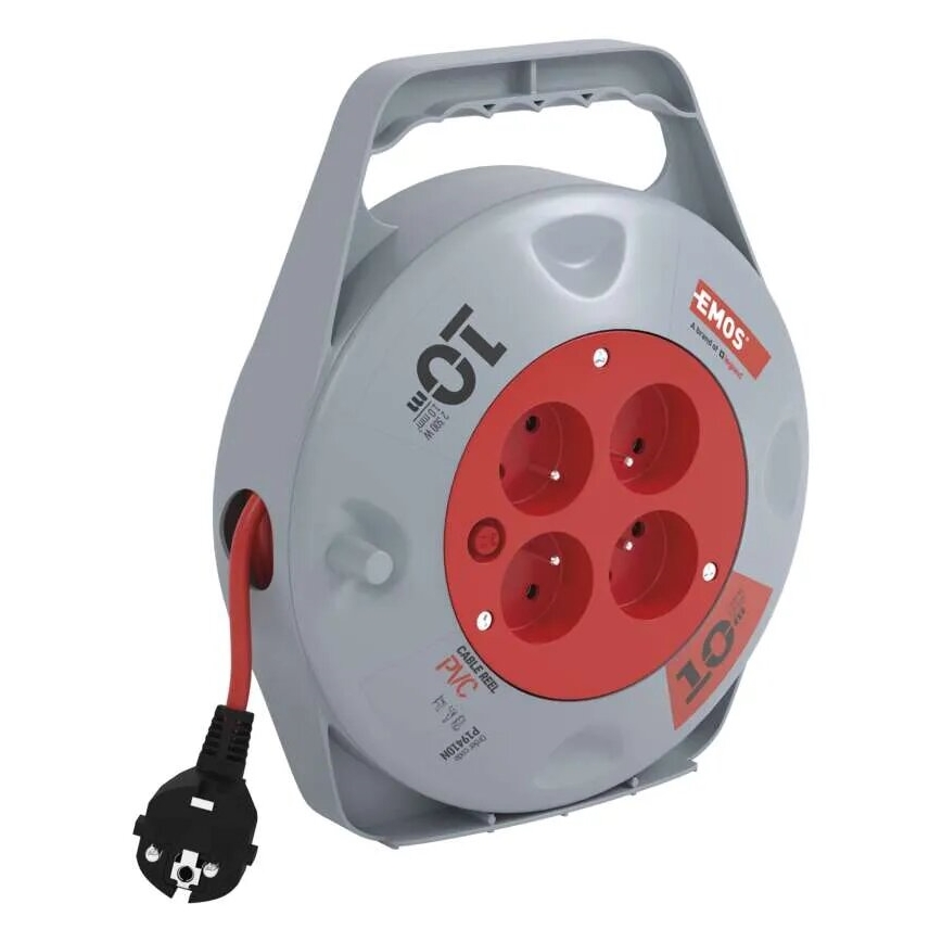 Podaljšni kabel na kolutu s 4 vtičnicami, 10 m, siv/rdeč