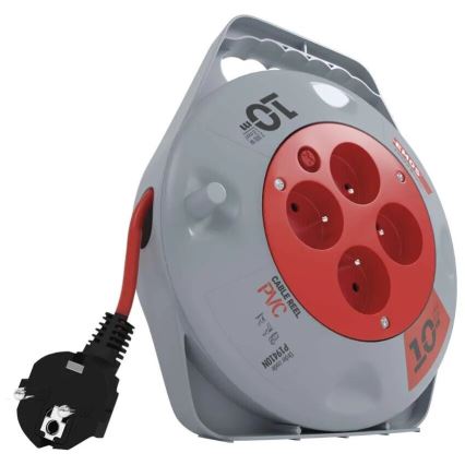 Podaljšni kabel na kolutu s 4 vtičnicami, 10 m, siv/rdeč