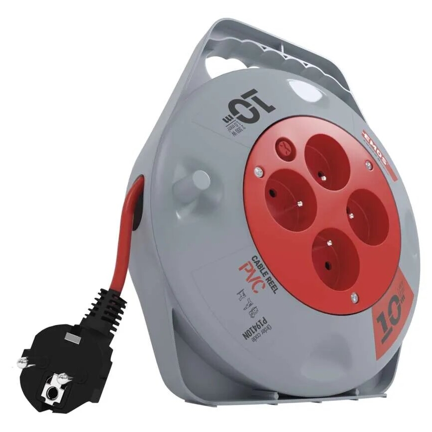 Podaljšni kabel na kolutu s 4 vtičnicami, 10 m, siv/rdeč
