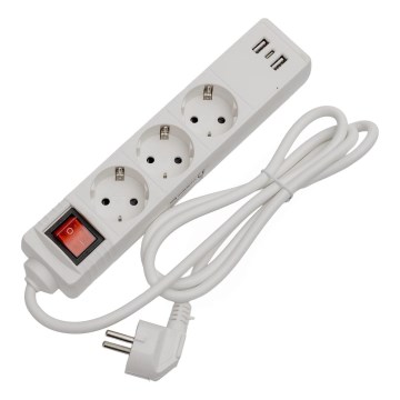 Podaljšni kabel s stikalom, 3 vtičnice + 2x USB-A + 1x USB-C, 1,5 m, SCHUKO, bela