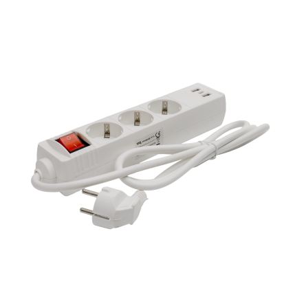 Podaljšni kabel s stikalom, 3 vtičnice + 2x USB-A + 1x USB-C, 1,5 m, SCHUKO, bela