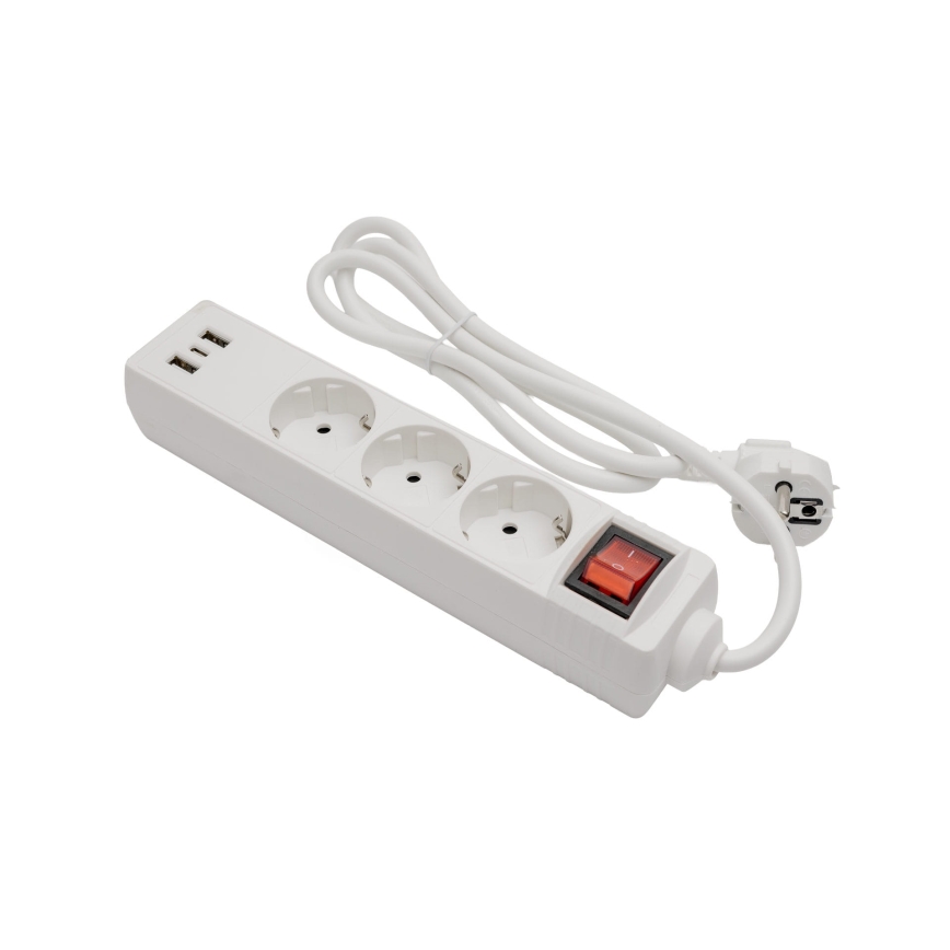 Podaljšni kabel s stikalom, 3 vtičnice + 2x USB-A + 1x USB-C, 1,5 m, SCHUKO, bela