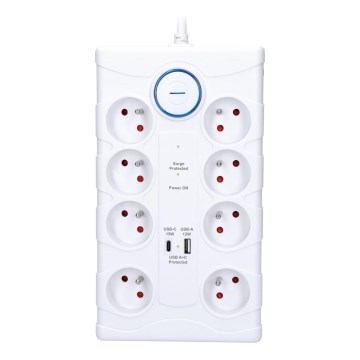 Podaljšni kabel s stikalom in prenapetostno zaščito, 8 vtičnic (tip E) + 1x USB-A + 1x USB-C, 2 m, bela
