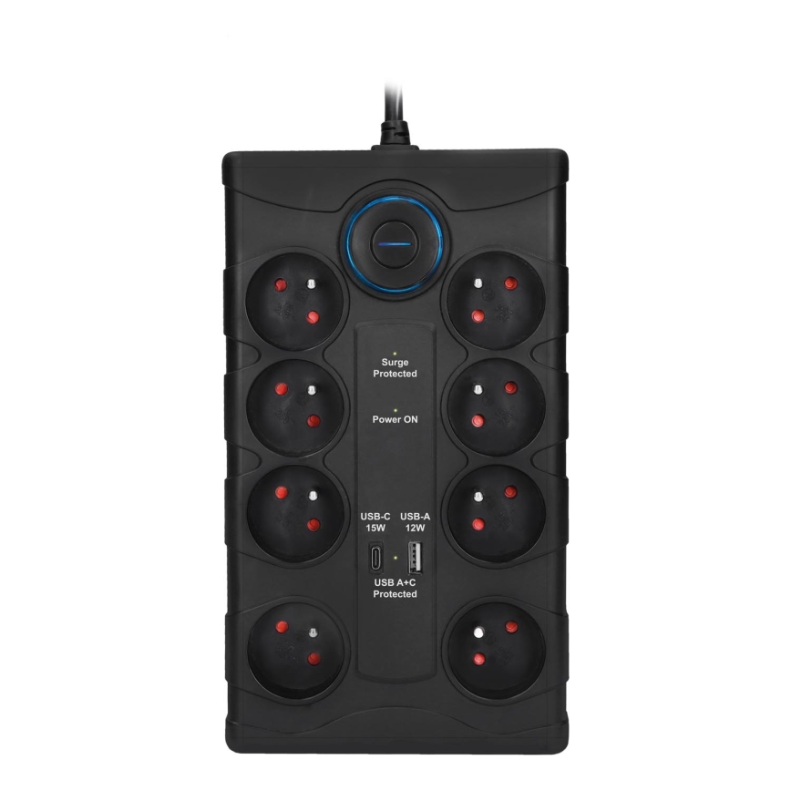 Podaljšni kabel s stikalom in prenapetostno zaščito 8 vtičnic tip E + 1xUSB-A + 1xUSB-C 2m črn