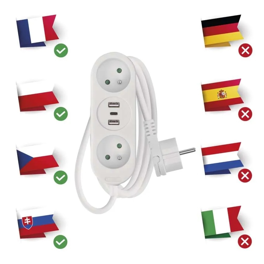 Podaljšni kabel z 2 vtičnicama + 2x USB-A + USB-C 1,4 m