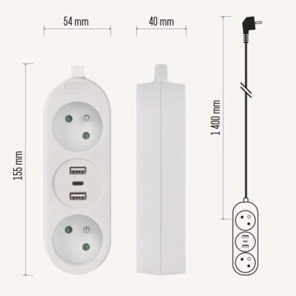 Podaljšni kabel z 2 vtičnicama + 2x USB-A + USB-C 1,4 m