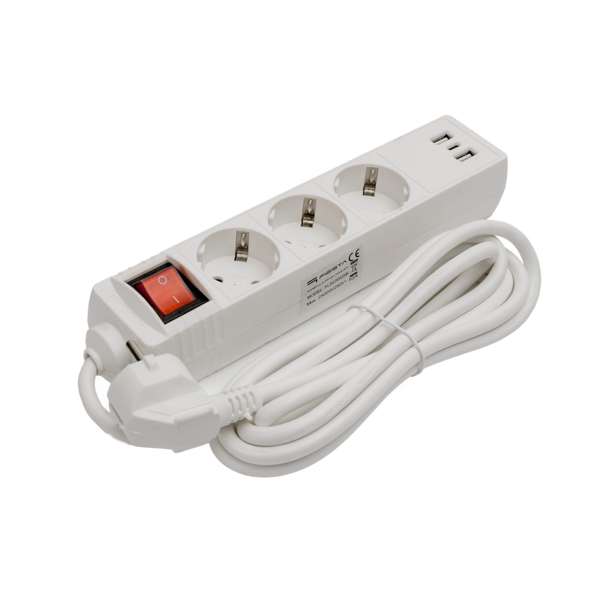 Podaljšni kabel z vklopnim stikalom 3 vtičnice+2xUSB-A+1xUSB-C 3m SCHUKO bela