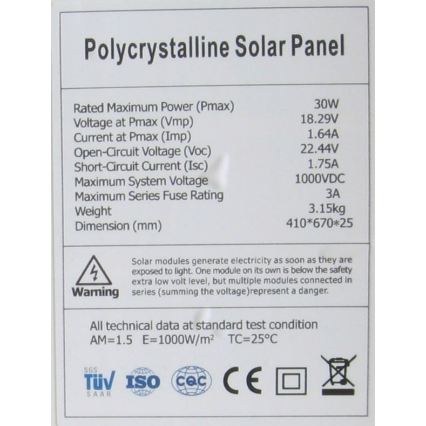 Polikristalni fotovoltaični sončni panel 30W/12V