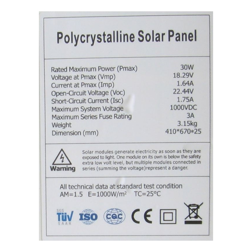 Polikristalni fotovoltaični sončni panel 30W/12V