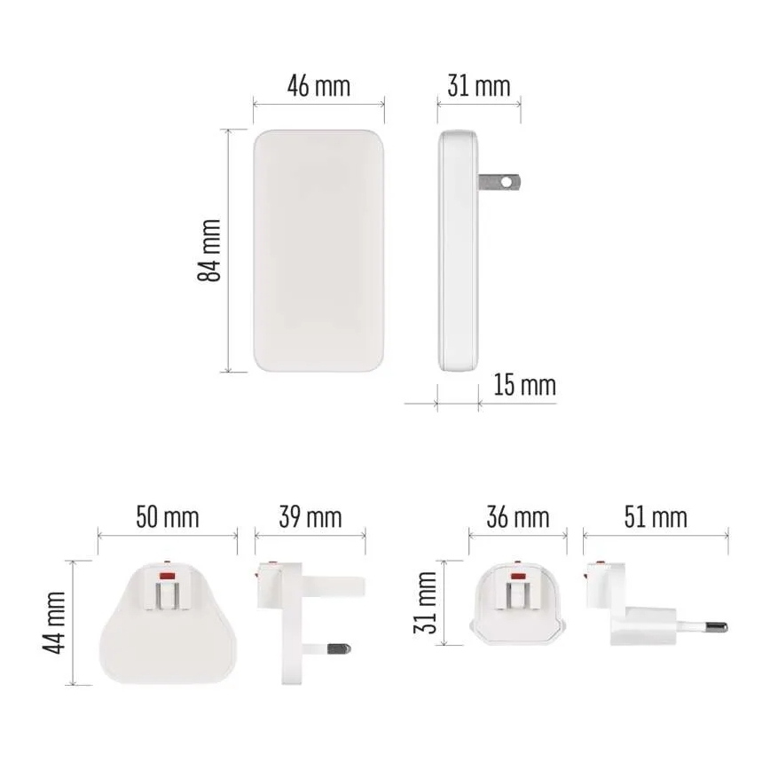 Potovalni adapter z zamenljivimi USB-nastavki GaN 100-250V