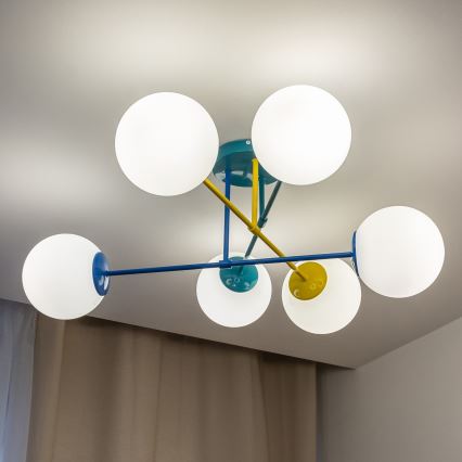 Površinsko montiran lestenec MOON 6xE27/15W/230V turkizna/rumena/modra