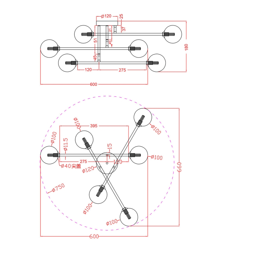 Površinsko pritrjen stropni lestenec DORADO 6xG9/28W/230V črn