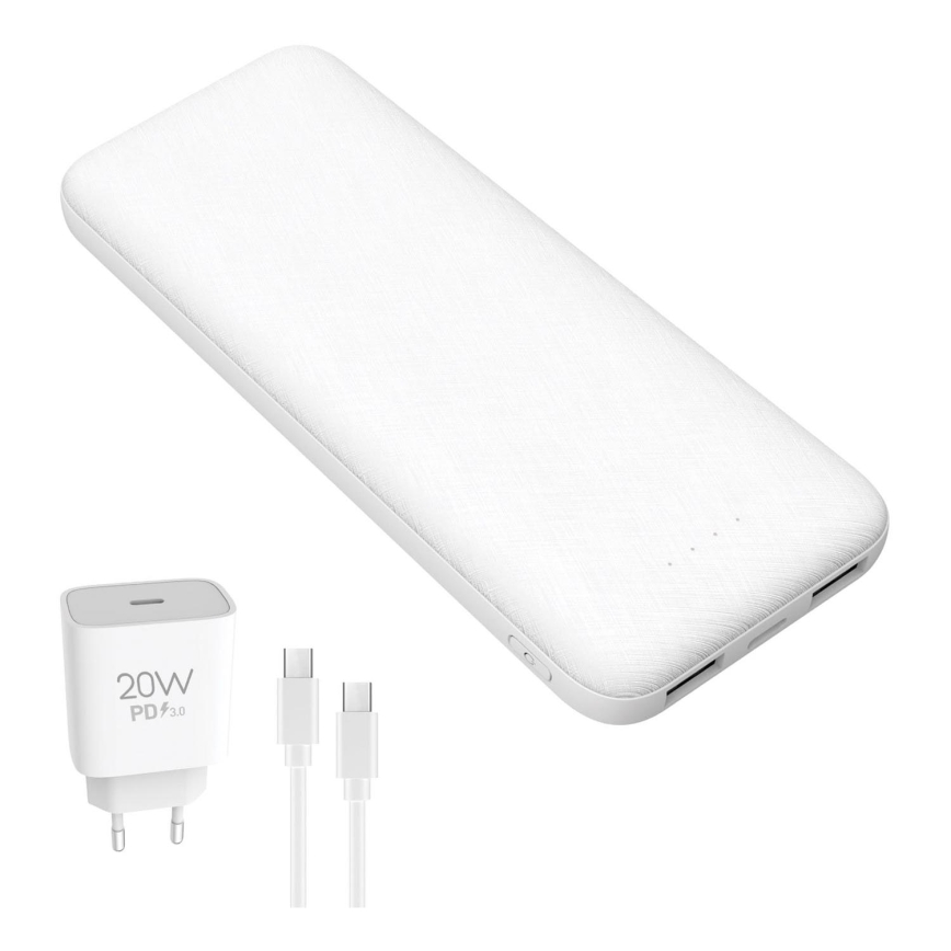 Power Bank 10000 mAh + adapter 20W Power Delivery + USB-C/USB-C kabel 1m bela