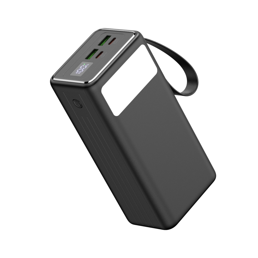 Power Bank 40000 mAh 65W Power Delivery 2xUSB-A + 2xUSB-C z LED Baterijska svetilka s kaveljčkom in magnetom in USB-C kabel 1m črna