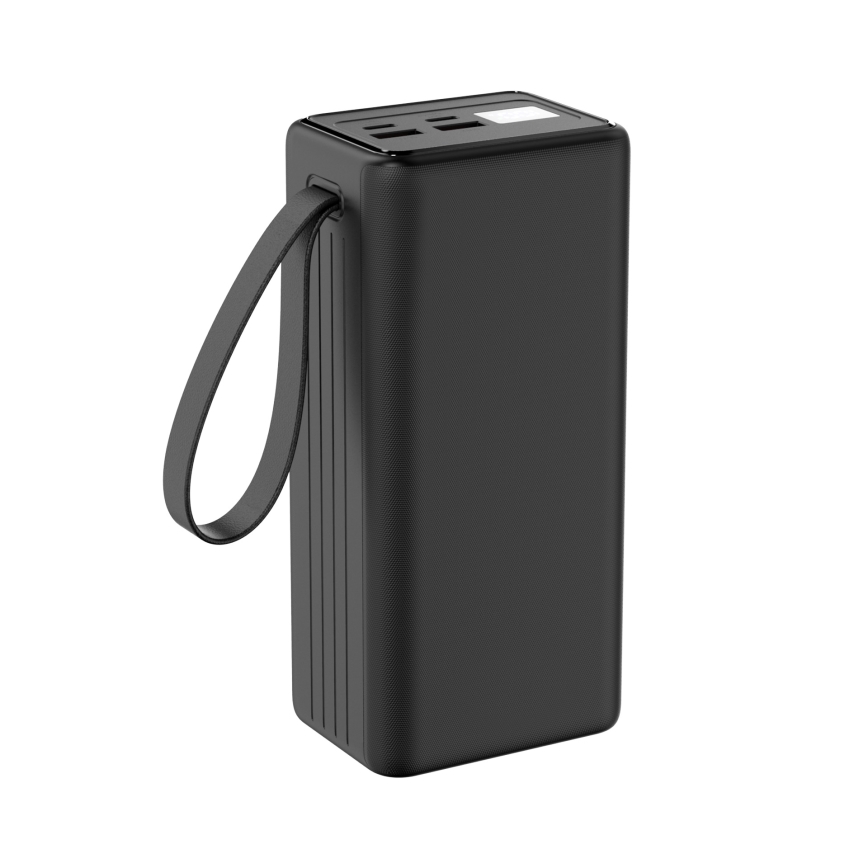Power Bank 40000 mAh 65W Power Delivery 2xUSB-A + 2xUSB-C z LED Baterijska svetilka s kaveljčkom in magnetom in USB-C kabel 1m črna