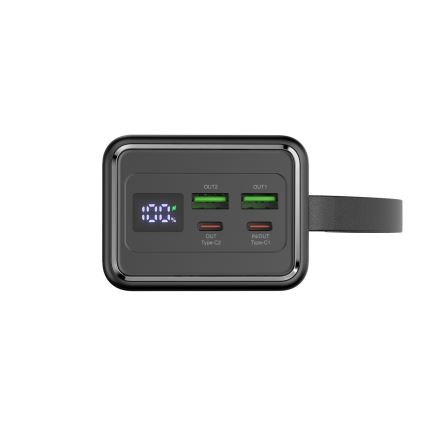 Power Bank 40000 mAh 65W Power Delivery 2xUSB-A + 2xUSB-C z LED Baterijska svetilka s kaveljčkom in magnetom in USB-C kabel 1m črna