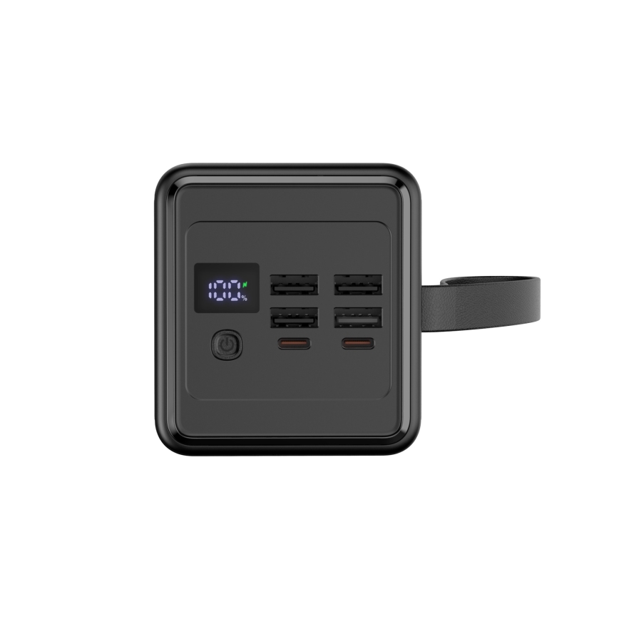 Power Bank 60000 mAh 20W Power Delivery 4xUSB-A + 2xUSB-C z LED Baterijska svetilka s kaveljčkom in magnetom in USB-C kabel 1m črna