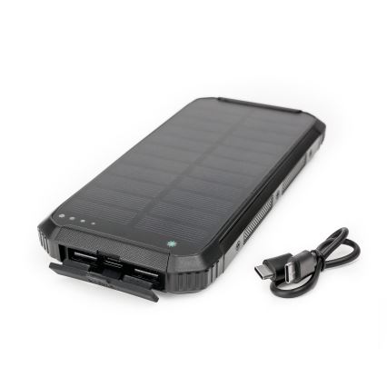Power bank z LED lučko, brezžičnim polnjenjem in solarno ploščo Power Delivery 15W/10000 mAh črna