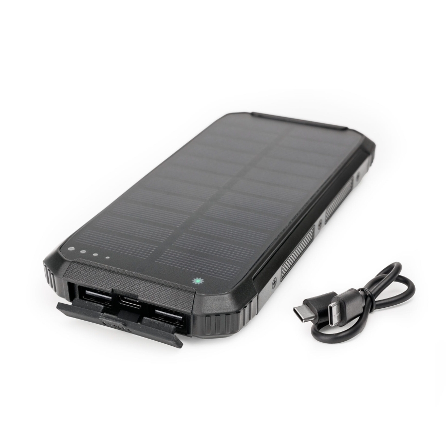 Power bank z LED lučko, brezžičnim polnjenjem in solarno ploščo Power Delivery 15W/10000 mAh črna