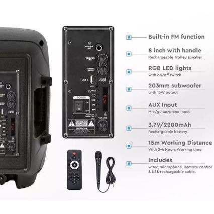 Prenosni Bluetooth zvočnik z mikrofonom 15W/3,7V LED RGB + Daljinski upravljalnik
