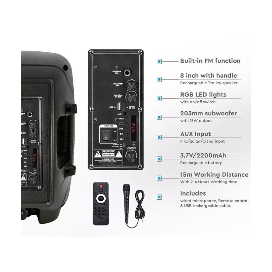Prenosni Bluetooth zvočnik z mikrofonom 15W/3,7V LED RGB + Daljinski upravljalnik