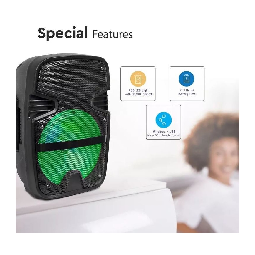 Prenosni Bluetooth zvočnik z mikrofonom 15W/3,7V LED RGB + Daljinski upravljalnik