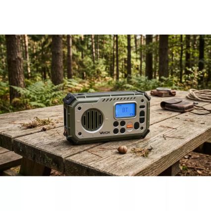 Kampirski radio z ročico, sončnim panelom in LED svetilko s funkcijo powerbanke 5V/3xAAA/2000 mAh IPX4 zelena