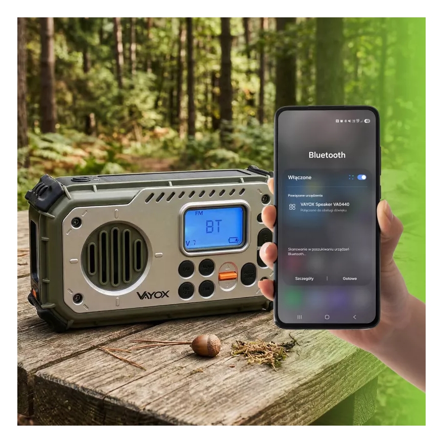 Kampirski radio z ročico, sončnim panelom in LED svetilko s funkcijo powerbanke 5V/3xAAA/2000 mAh IPX4 zelena