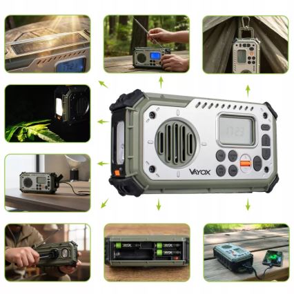 Kampirski radio z ročico, sončnim panelom in LED svetilko s funkcijo powerbanke 5V/3xAAA/2000 mAh IPX4 zelena