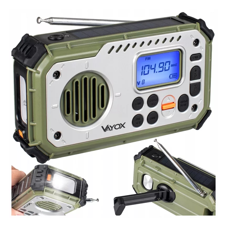 Kampirski radio z ročico, sončnim panelom in LED svetilko s funkcijo powerbanke 5V/3xAAA/2000 mAh IPX4 zelena