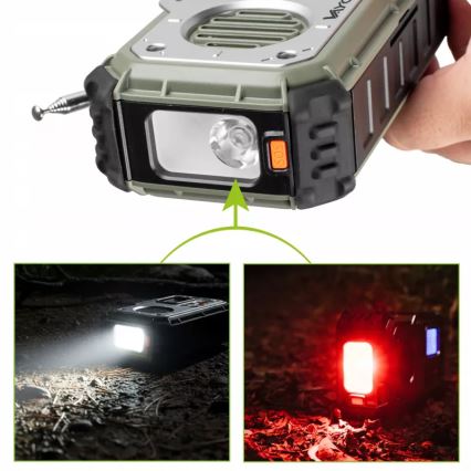 Kampirski radio z ročico, sončnim panelom in LED svetilko s funkcijo powerbanke 5V/3xAAA/2000 mAh IPX4 zelena